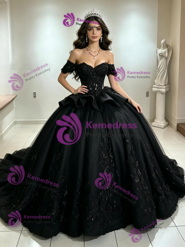 Black Tulle Off the Shoulder Appliques Quinceanera Dress