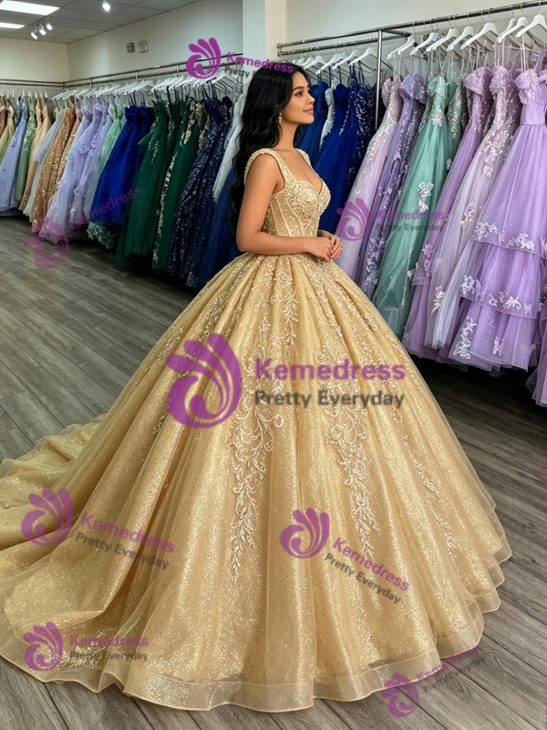 Gold Sequins Straps Appliques Quinceanera Dress