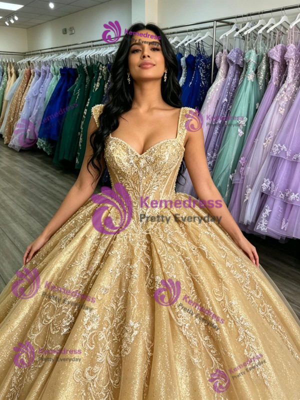 Gold Sequins Straps Appliques Quinceanera Dress