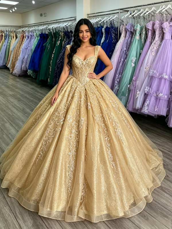 Gold Sequins Straps Appliques Quinceanera Dress