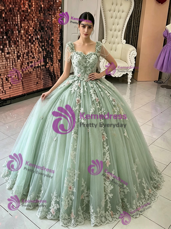 Green Tulle Appliques Beading Quinceanera Dress