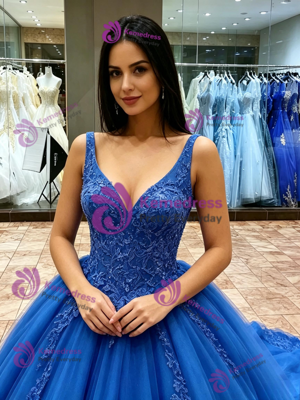 Blue V-neck Appliques Sleeveless Quinceanera Dress