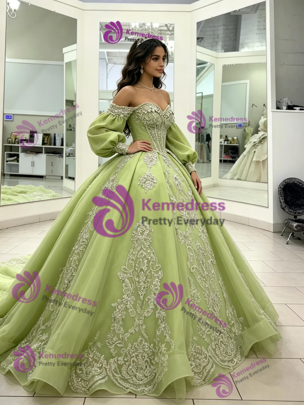 Green Long Sleeve Off the Shoulder Quinceanera Dress