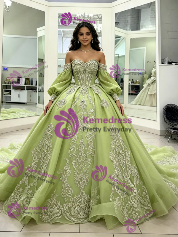 Green Long Sleeve Off the Shoulder Quinceanera Dress