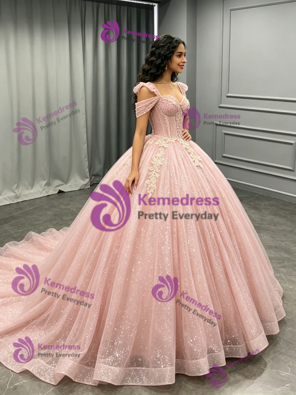 Pink Tulle Sequins Appliques Quinceanera Dress