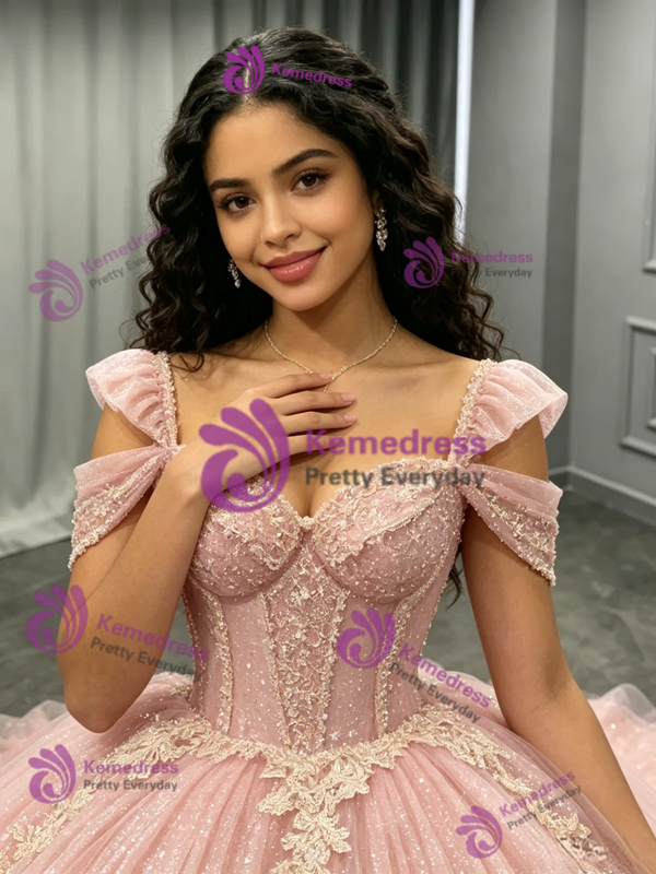 Pink Tulle Sequins Appliques Quinceanera Dress