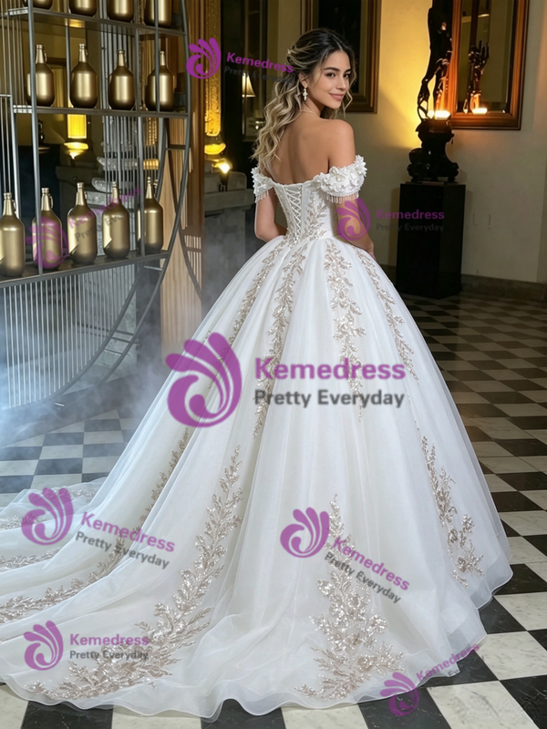 White Tulle Off the Shoulder Appliques Quinceanera Dress