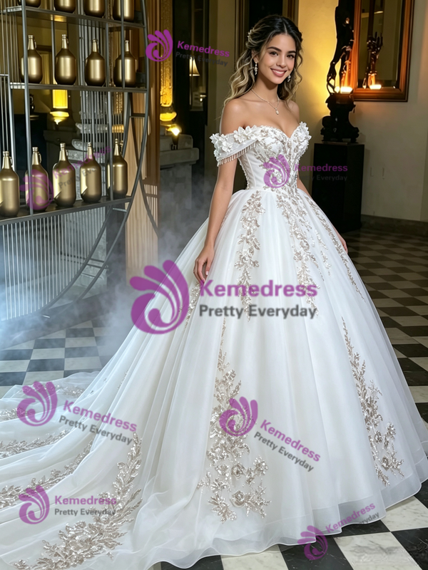 White Tulle Off the Shoulder Appliques Quinceanera Dress