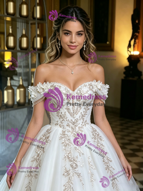 White Tulle Off the Shoulder Appliques Quinceanera Dress