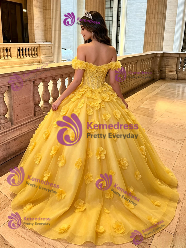 Yellow Tulle Off the Shoulder Flower Quinceanera Dress