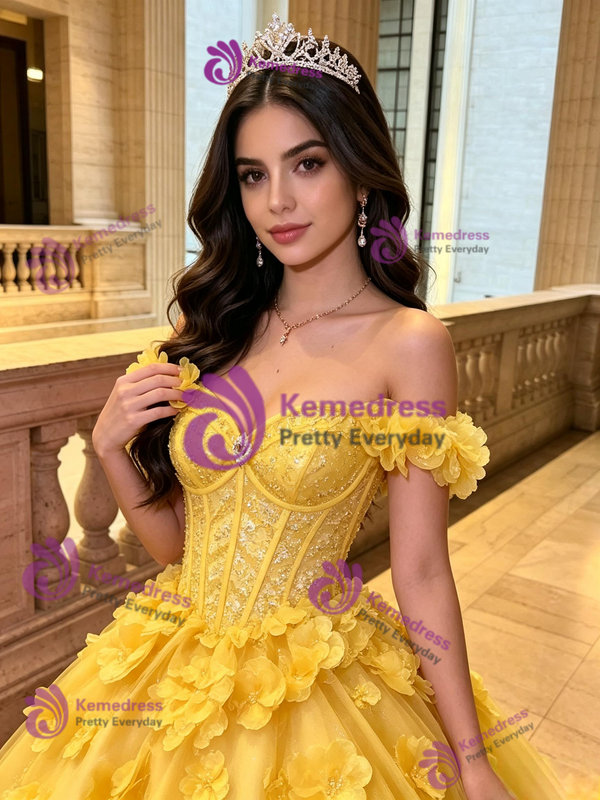 Yellow Tulle Off the Shoulder Flower Quinceanera Dress