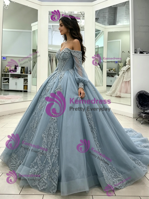 Blue Tulle Off the Shoulder Long Sleeve Quinceanera Dress