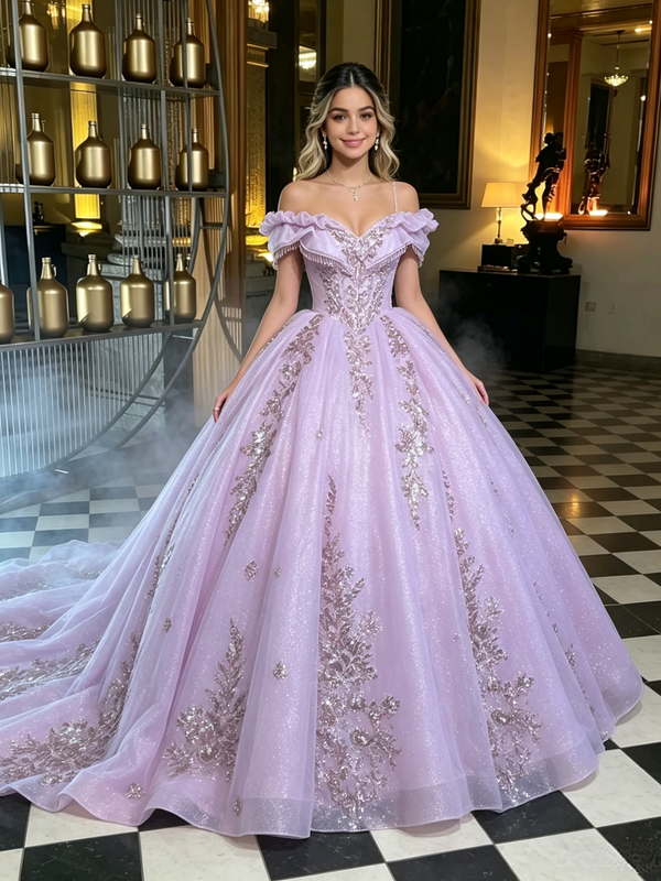 Purple Tulle Off the Shoulder Quinceanera Dress