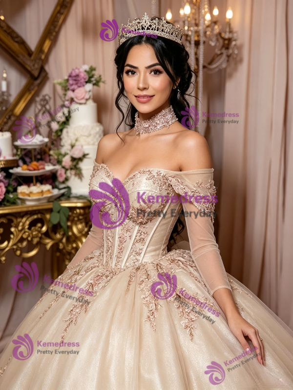 Champagne Tulle Appliques Quinceanera Dress