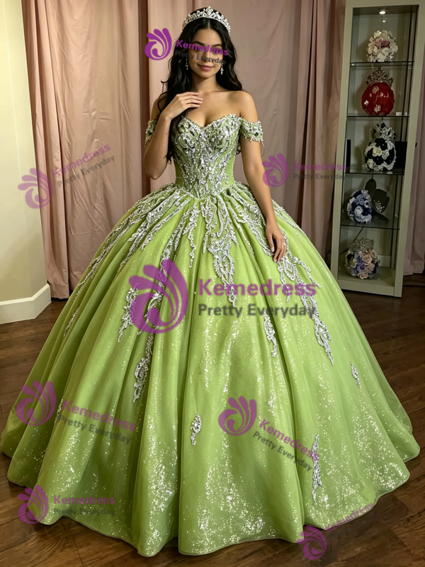 Green Tulle Off the Shoulder Quinceanera Dress