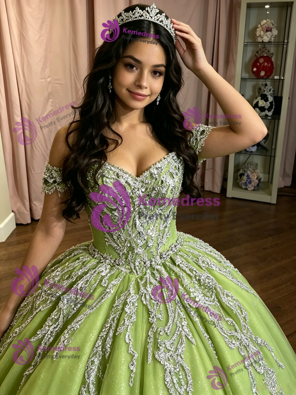 Green Tulle Off the Shoulder Quinceanera Dress