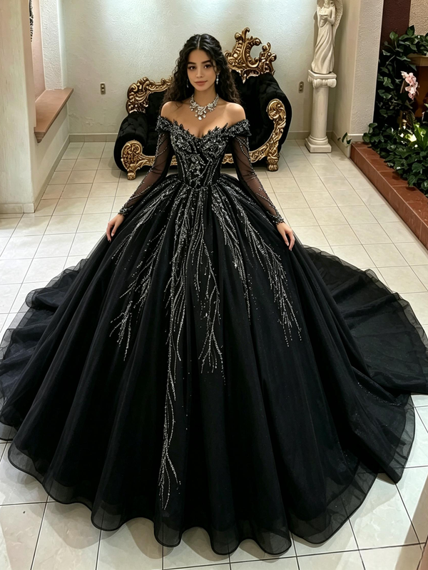 Black Tulle Off the Shoulder Quinceanera Dress