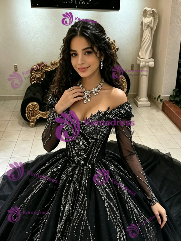 Black Tulle Off the Shoulder Quinceanera Dress
