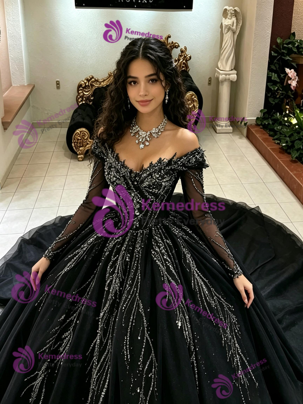 Black Tulle Off the Shoulder Quinceanera Dress