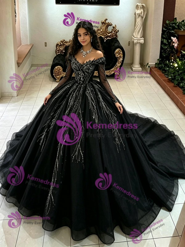 Black Tulle Off the Shoulder Quinceanera Dress
