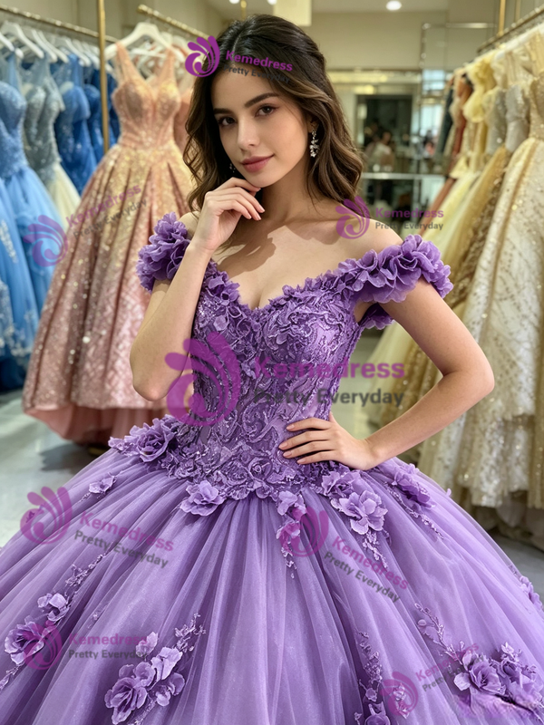 Purple Tulle Off the Shoulder Quinceanera Dress