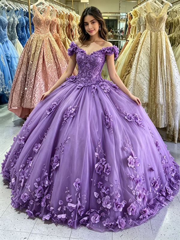 Purple Tulle Off the Shoulder Quinceanera Dress