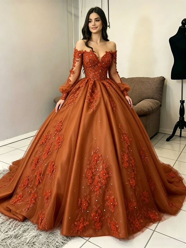 Brown Tulle Long Sleeve Appliques Quinceanera Dress
