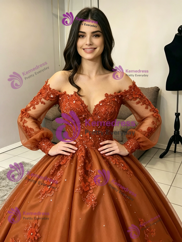 Brown Tulle Long Sleeve Appliques Quinceanera Dress