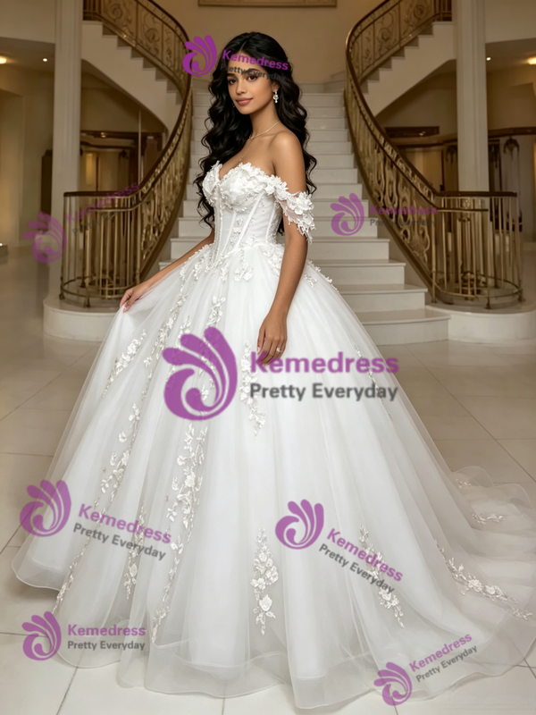 White Tulle Off the Shoulder Appliques Quinceanera Dress