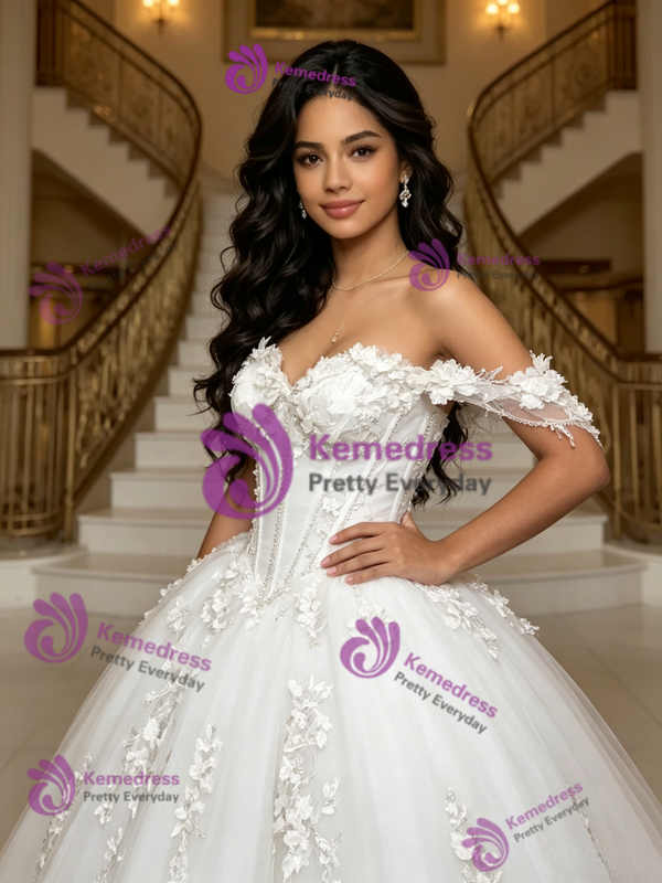White Tulle Off the Shoulder Appliques Quinceanera Dress