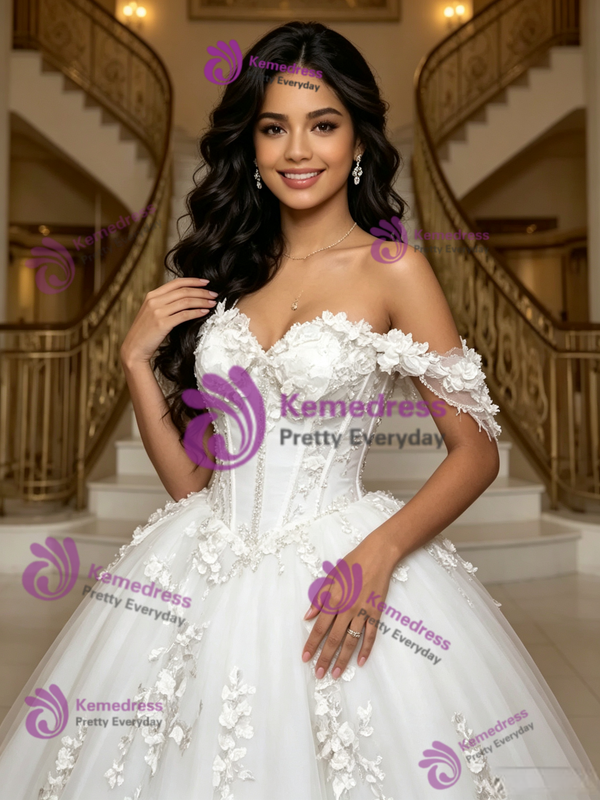 White Tulle Off the Shoulder Appliques Quinceanera Dress