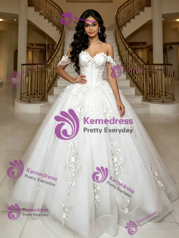 White Tulle Off the Shoulder Appliques Quinceanera Dress