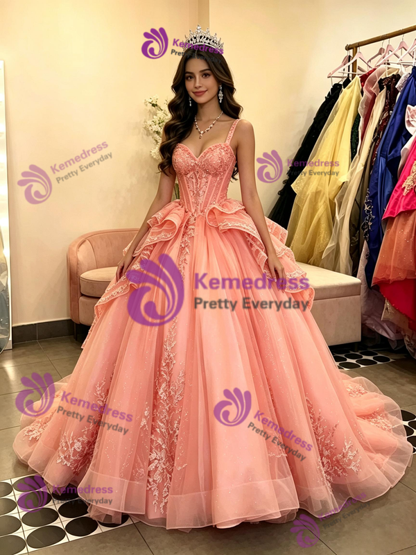 Tulle Straps Lace Appliques Quinceanera Dress