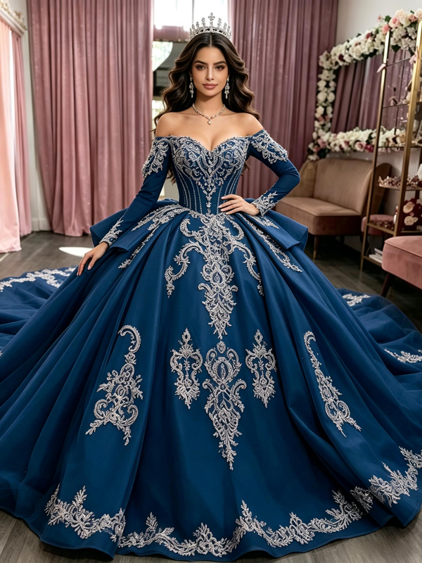 Navy Blue Long Sleeve Appliques Quinceanera Dress