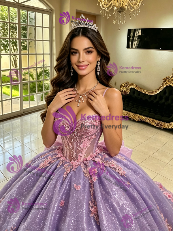 Purple Tulle Straps 3D Flower Quinceanera Dress