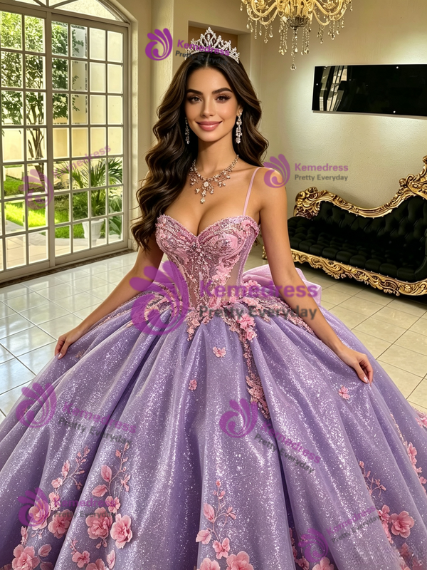 Purple Tulle Straps 3D Flower Quinceanera Dress