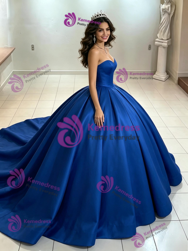 Blue Satin Strapless Quinceanera Dress