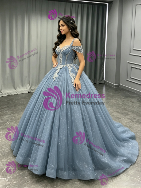 Blue Gray Tulle Sequins Straps Quinceanera Dress