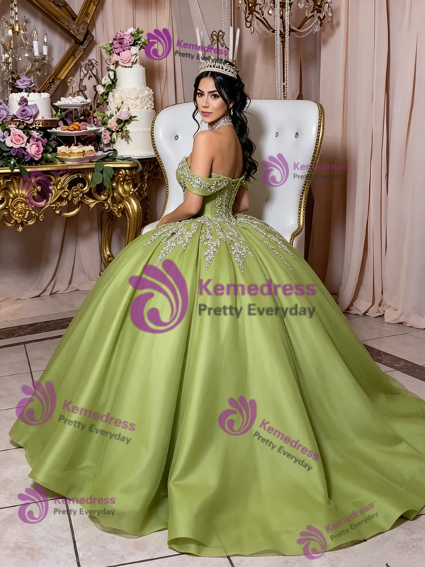 Green Tulle Off the Shoulder Quinceanera Dress