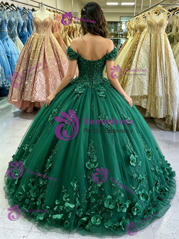 Green Tulle Off the Shoulder Appliques Quinceanera Dress