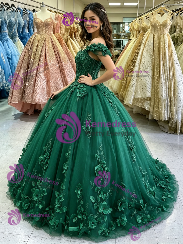 Green Tulle Off the Shoulder Appliques Quinceanera Dress