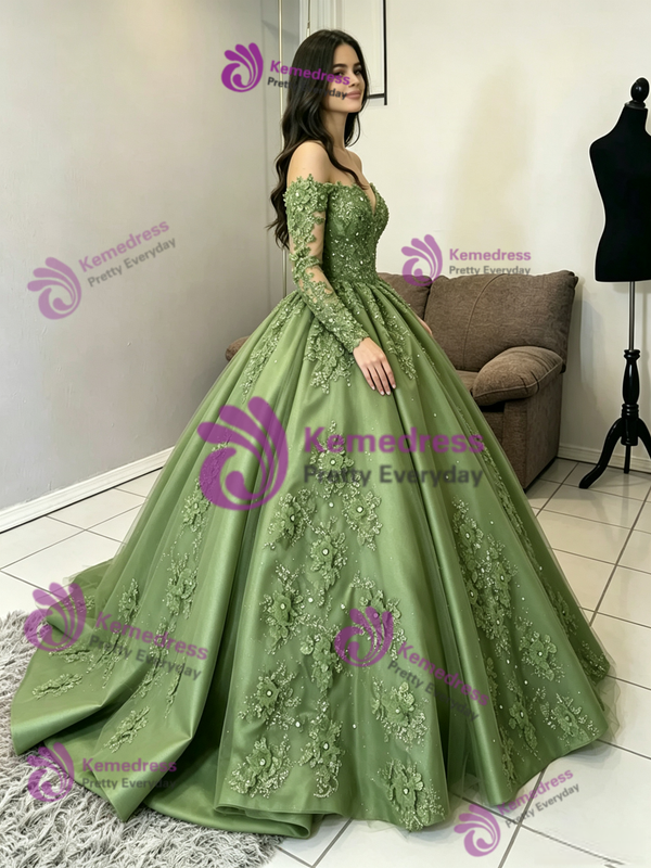 Green Long Sleeve Appliques Quinceanera Dress