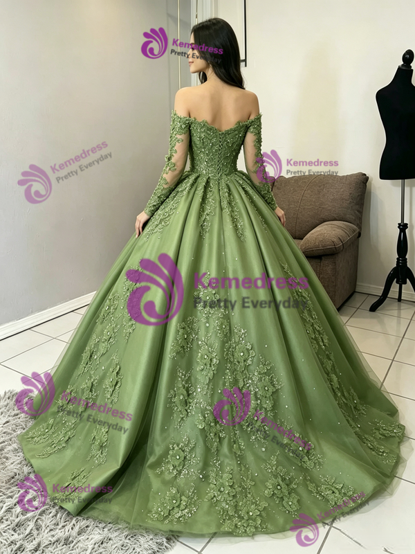 Green Long Sleeve Appliques Quinceanera Dress