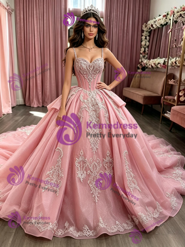 Pink Tulle Spaghetti Straps Appliques Quinceanera Dress