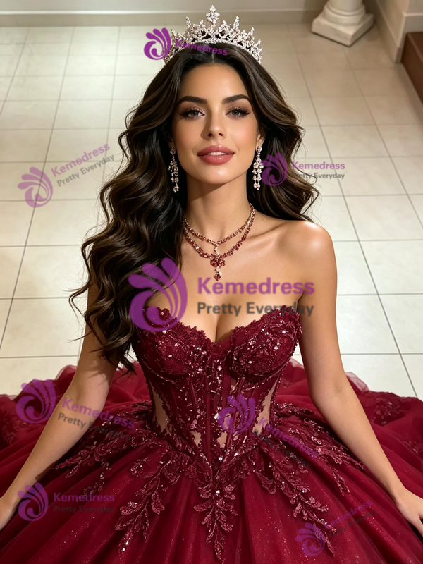 Burgundy Strapless Appliques Quinceanera Dress