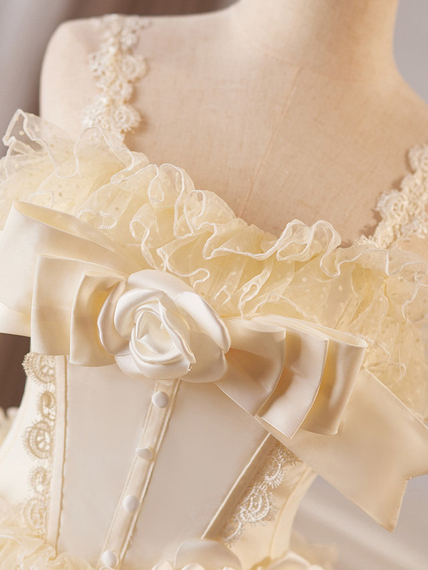 Champagne Satin Lace Straps Flower Homecoming Dress