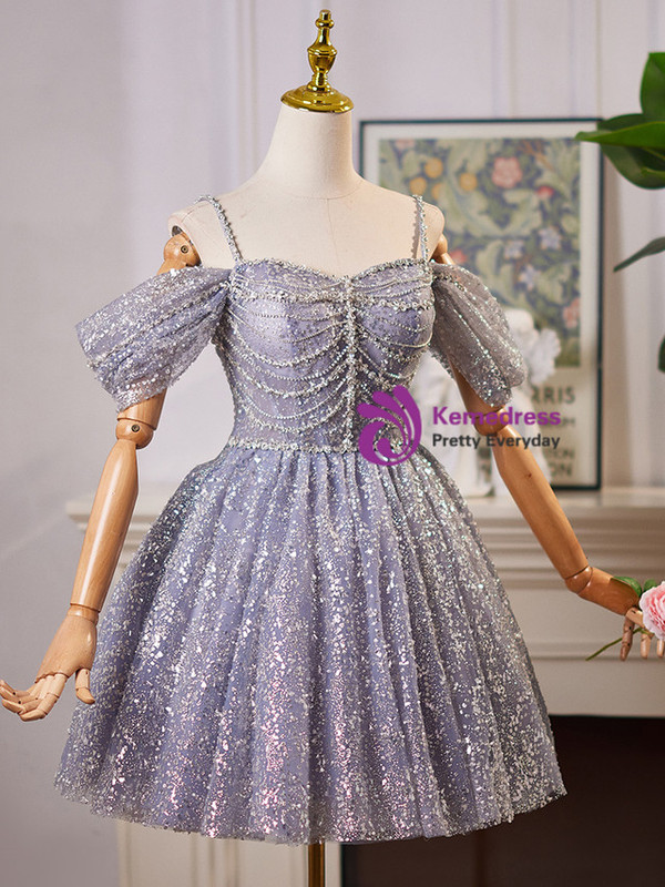 Blue Tulle Sequins Beading Homecoming Dress
