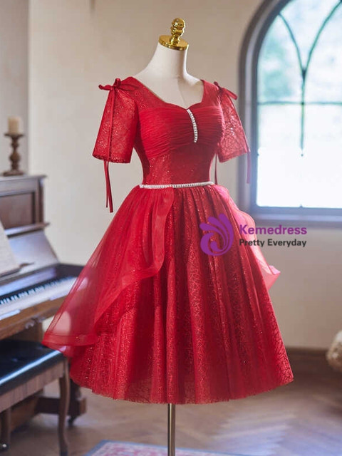 Burgundy Tulle Short Sleeve Homecoming Dress