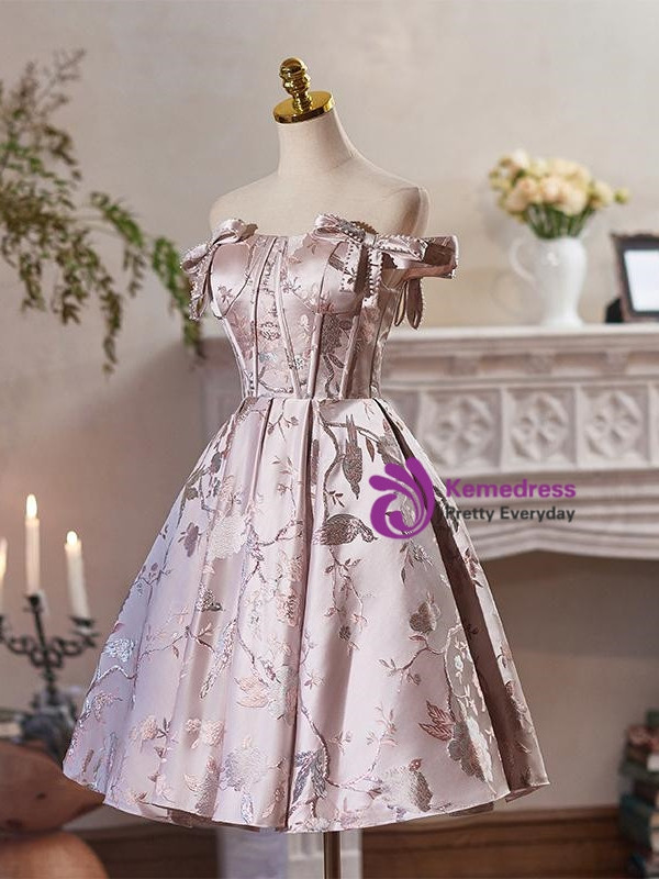 Pink Satin Embroidery Bow Homecoming Dress
