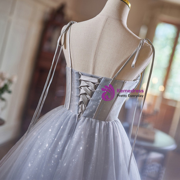 Gray Tulle Spaghetti Straps Homecoming Dress